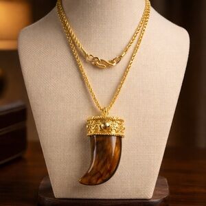 Kenneth Jay Lane Gold and Brown Horn Pendant Necklace